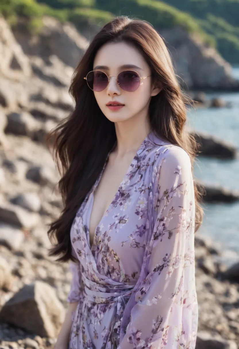 Beautiful woman，long hair and sunglasses，on rocky beach, , wearing dark brown sunglasses, ,   long wavy hair shawl  ,light purple floral dress， 戴着又大又圆的眼镜, Dilraba Dilmurat,  designer sunglasses ,  Brown hair , 22-year-old woman,   digital sunglasses  ，Half...