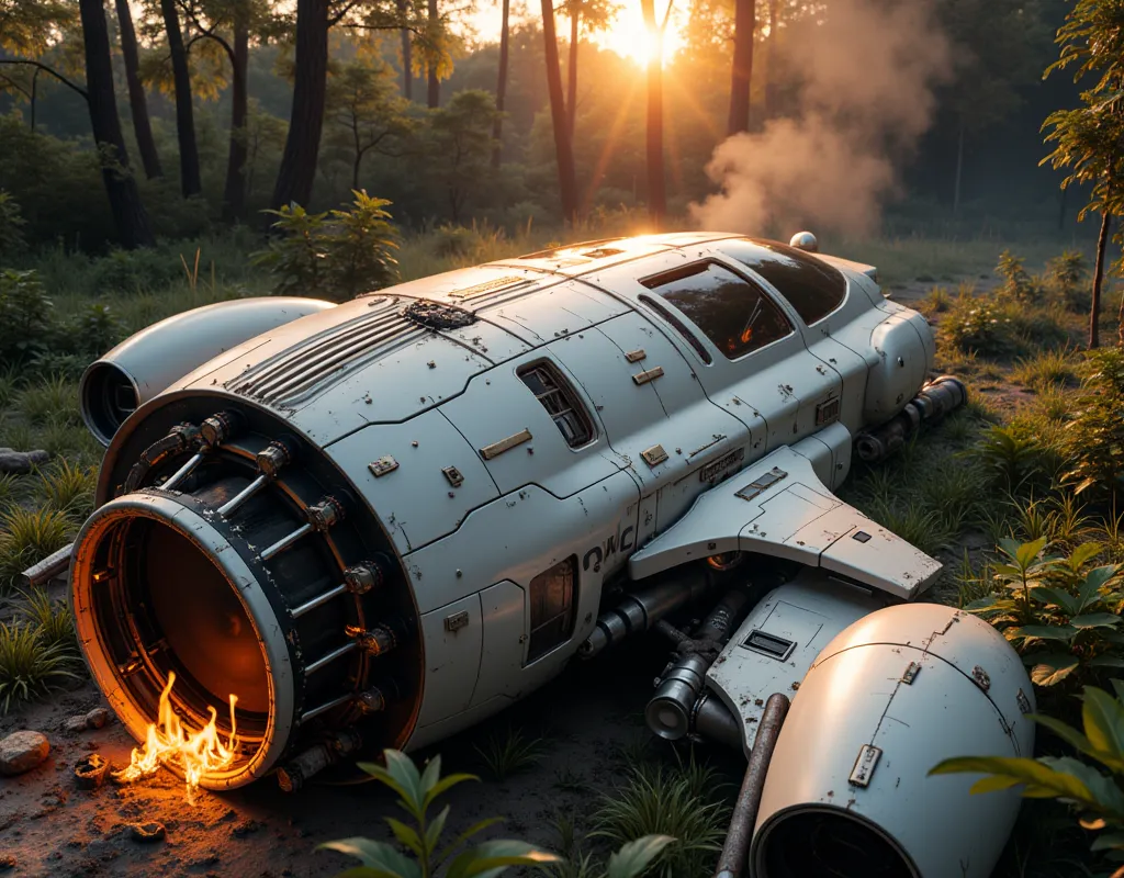 (full body shot) ，Reality,  looking from top to bottom , , A Damaged Future Spaceship, crashed in my home forest backyard，in engine oil and park on the ground，, Realistically exquisitely rendered shadowy swamp，Dull Forest,，(Damaged engine)，with technologic...