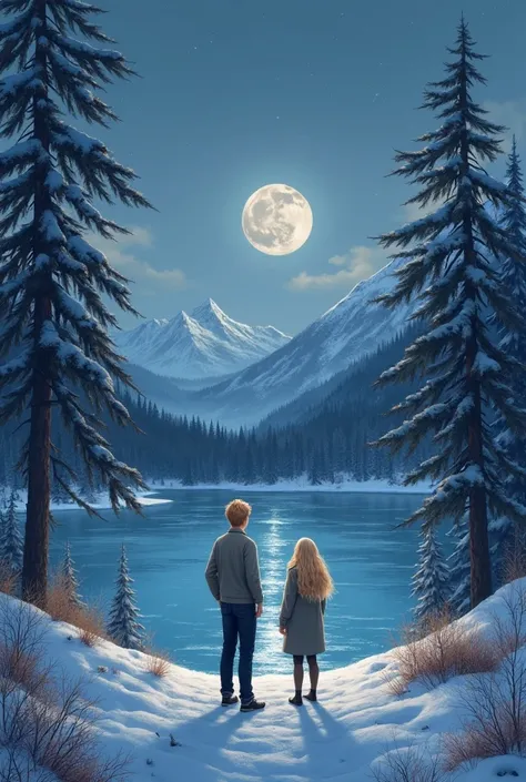 A girl and a boy stand in the night in the middle of a winter forest in the mountains in front of a frozen winter lake. The moon rises above the lake. The guy has blond hair and brown eyes, he is tall and has a slim figure, prefers shades of blue in clothe...