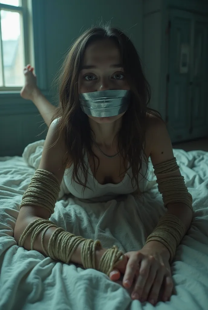 Jenna ortega in a white top is gagged with tape and ties to bed 