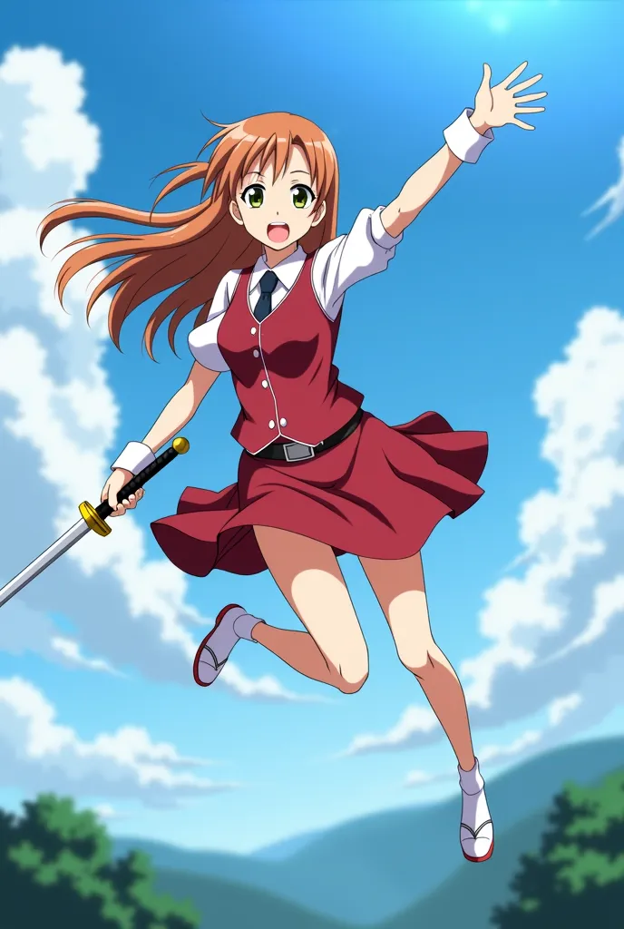 anime girl flying through the air with a sword in her hand, a picture inspired by Kōno Michisei, tumblr, shin hanga, sword art online, sao style anime, sao, in the anime film, today's featured anime still, asuna yuuki, anime still image, high quality anime...