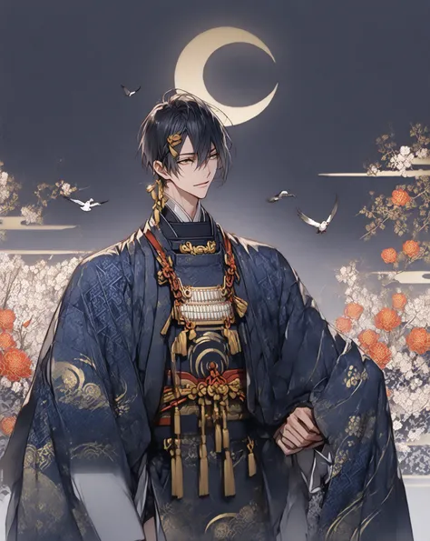 traditional Japanese pattern,white,blue,black,gold, cowboy shot,1 boy, mikaduki munechika(Touken Ranbu), Slender ,ikemen,(((dark blue short hair))), The front hair is gathered in the center ,golden eyes,dark blue cloths,(((cowboy shot))),(((Background desi...