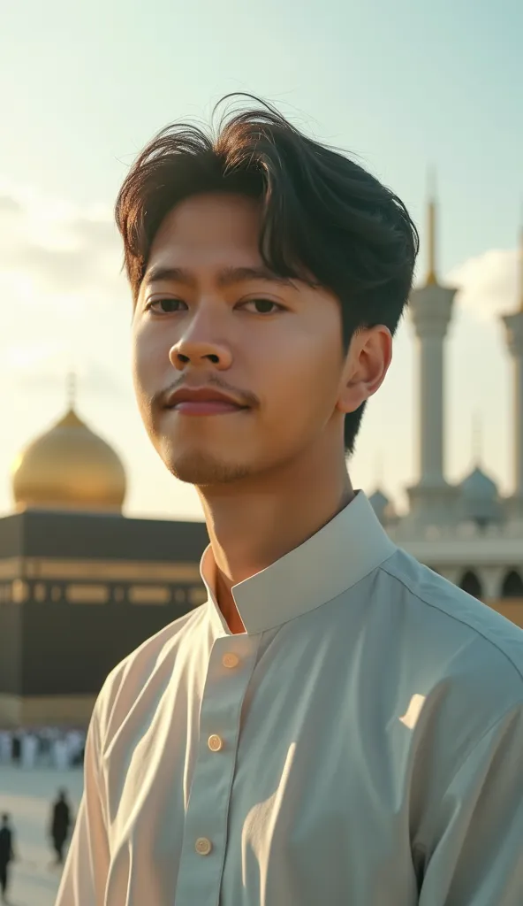 double exposure, cover photo of the film entitled "Friday Blessings". The cover shows a handsome Korean man with trendy short hair, wearing Muslim clothes, standing smiling slightly facing the camera. The background is a beautiful mosque, the Mecca Kaaba. ...