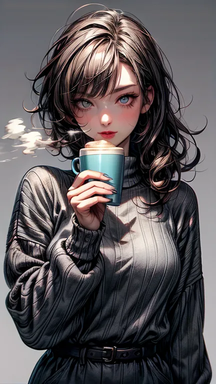 a pencil sketch of a woman, short pixie dark hair with bangs, & white highlights, she's winking, other eye brown, long lush lashes, she's got a coffee mug in one hand with steam rising from it, she's blowing on her hot coffee with ultra-bright red lips, we...