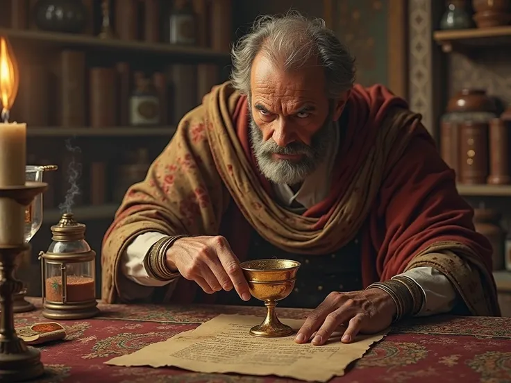 Give me an image of Aging Mithridates in his private chamber, methodically preparing his strongest poison in a gold chalice. The image should be hyper realistic and in 8k