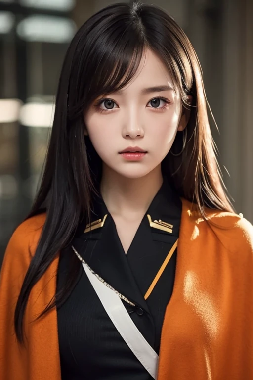 white **-****-*** girl with long black hair is wearing a military uniform, Orange Cape , Big hazel eyes, Science Fiction , Dark mood, 