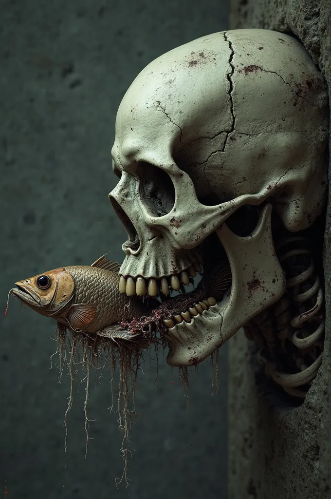 Human skull eating a pirana fish skeleton 