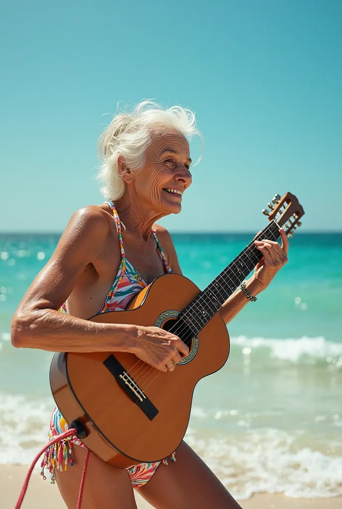 Picture of an old woman playing guitar in front of the sea and wearing a bikini 