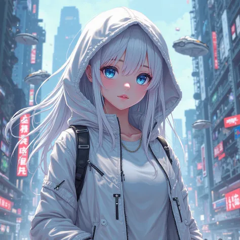 Futuristic Anime city girl wearing white zipped up jacket with hood on blue eyes white hair 