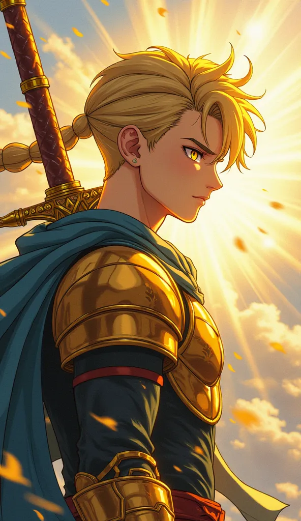 1garoto (of a 22-year-old blonde with braided hair with shaved sides,) With a sword that radiates power, with a yellow and blue energy, The sword is big and golden, he wears golden armor, Your eyes shine yellow anime 