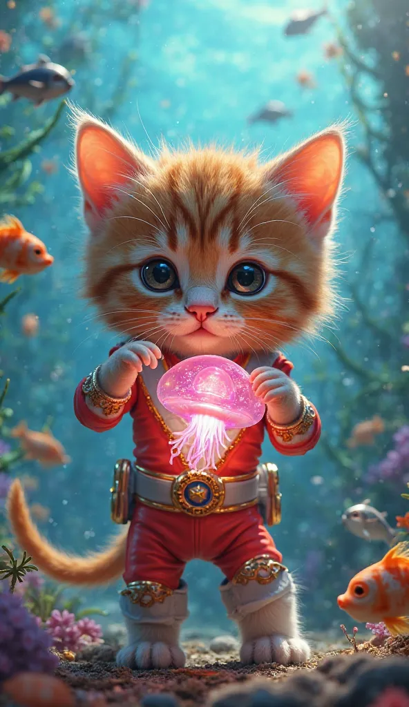 kitten (kitten cat orange, cute, dressed like power ranger) membawa ubur ubur