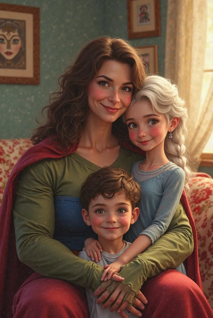 Super woman as mom 30 years old
Hulk as son  
Elssa who is in frozen movie as daughter  
