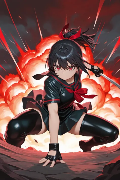 masterpiece, best quality, amazing quality, front view, from below, 1girl, solo, short hair, black hair, ponytail hair with red ribbon, red eyes, black and red sailor uniform, short sleeve, (black fingerless leather gloves), superhero landing pose, holding...