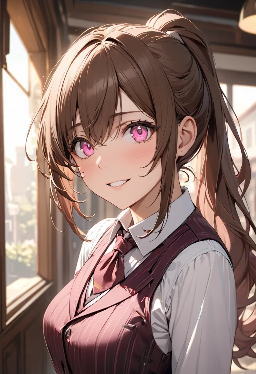 masterpiece, best quality, a women, brown long hair, ponytail, pink eyes, sharp eyes, glad, waistcoat, SLR,. 