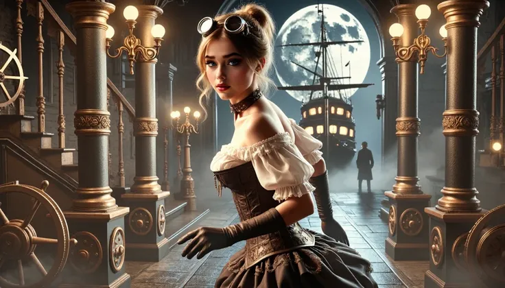 A cute seductive blonde 25 years old escapes from the castle at night in search of adventure. She is dressed in a white dress with a deep neckline. On the top of her head she has round steampunk goggles that sparkle with blue light. On her chest is a steam...