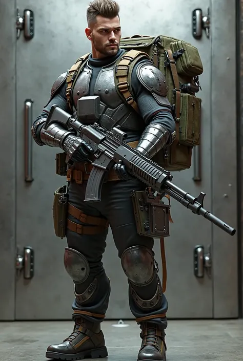 a realistic game character, male, undercut brown hair, wearing iron chest armor visible, tight leather suit under the armor long sleeve. metallic hand gloves. a tight pant with knee guard and metallic shoe. firing a long heavy machine gun. a heavy big back...