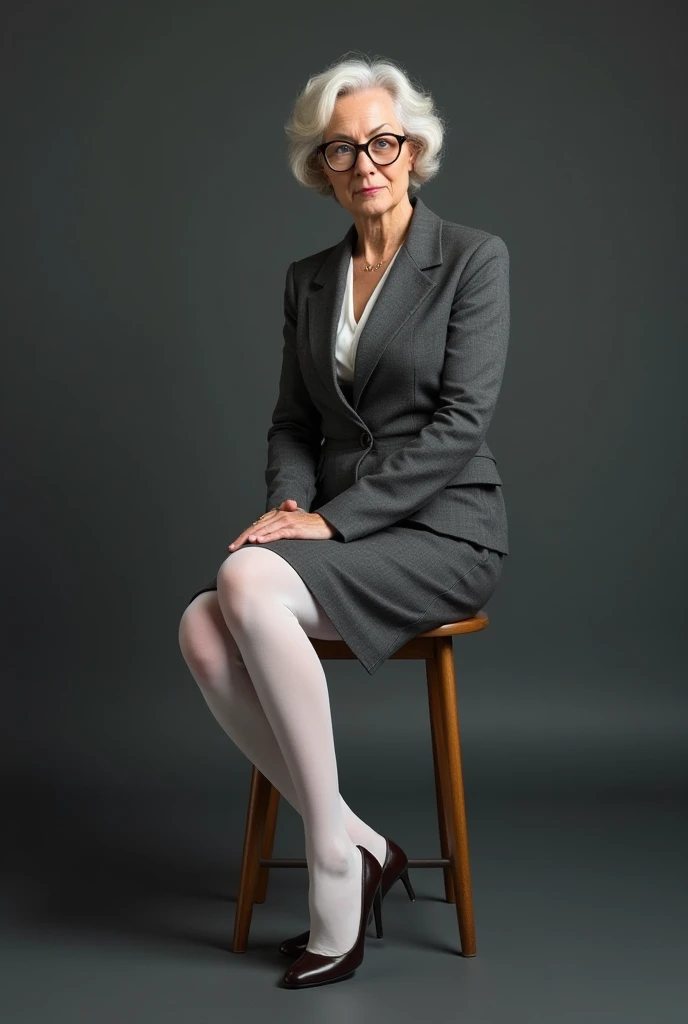 Female 65 years old,Attractive, gray lawyer dress with short skirt, legs with white tights,  heeled shoes , blue eyes eyeglasses, stern look ,Legs crossed seated,  realistic image,  full body,He has to