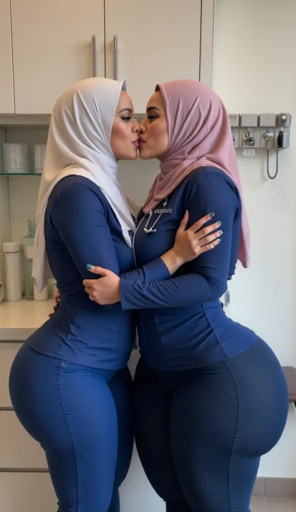 2 Two muslim womn   shiny  , big breasts, showing long  transparent  (2woman,45 years Old, Hijab Indonesian mature woman, Big  : 12.9, doctor suit,curvy body, full body, sharing lustful kiss, hug and groping bteas, professional shot, at doctor office.