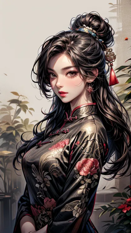 32k, Masterpiece, Top Quality, (Korea's Beautiful Women) Traditional Chinese qipao dress, sophisticated black satin with red floral patterns, foam fittings, high collar, short length, animated style character sketches in the background, elegant poses, Asia...