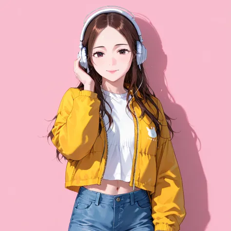 1girl, belt, brown eyes, brown hair, casual, denim, headphones, jacket, lips, long hair, midriff, open clothes, pink background, realistic, shirt, solo, white shirt, yellow jacket