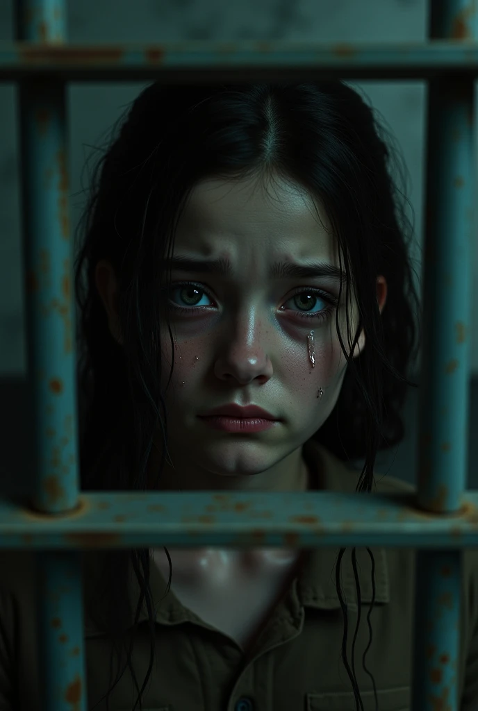 Create an image in which a dead 18-year-old girl cries inside a cell, The girl is American and the scene must be realistic