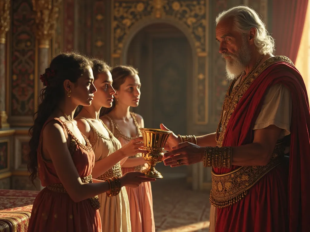 Give me an image of Aging Mithridates in his private chamber, giving his daughters to drink the content of the golden chalice. The image should be hyper realistic and in 8k