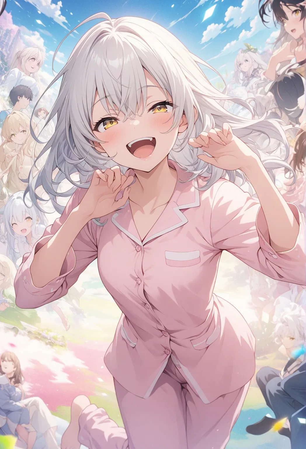 masterpiece, Highest quality, Highly Detailed CG Unity 8k Wallpaper, bet background, anime illustration of a high school girl. Attractive Pose、Close your eyes、is opening his mouth, smile.  The background is a pastel colored landscape, White hair color, yel...