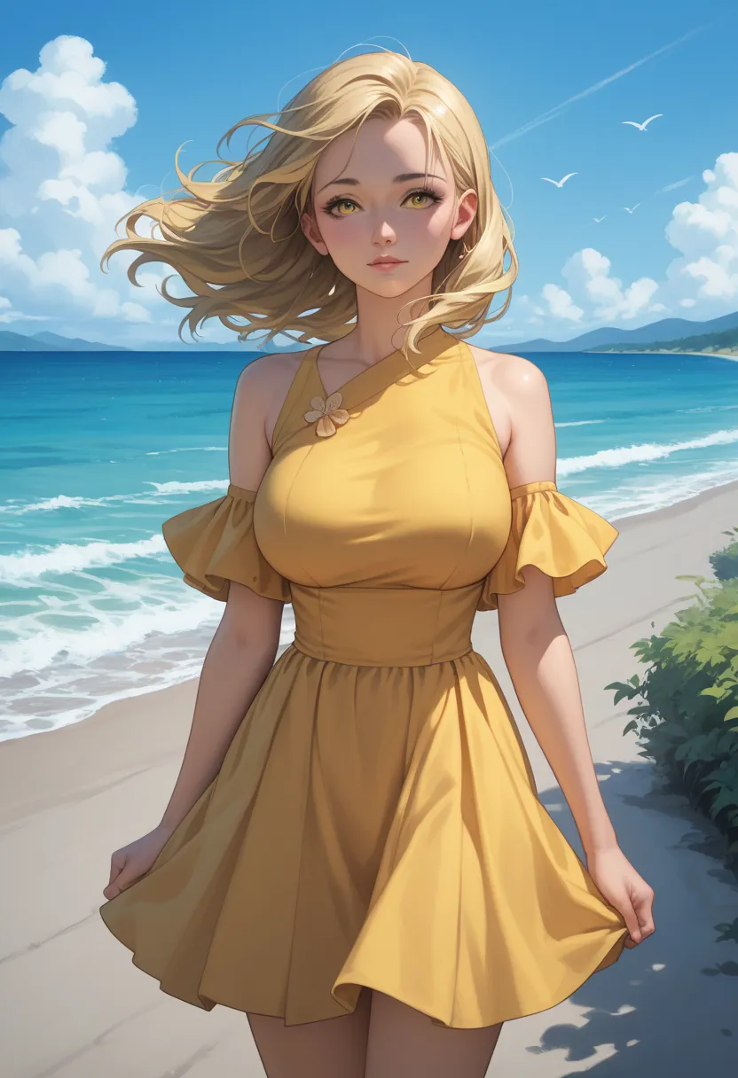 Japanese female, age 30s, wearing long calm yellow one-piece dress, skirt of the dress is swaying in the wind, background shot on a road near the ocean, slightly shy expression, mediam hair, big breasts, Japanese anime quality, 32K picture quality of the h...