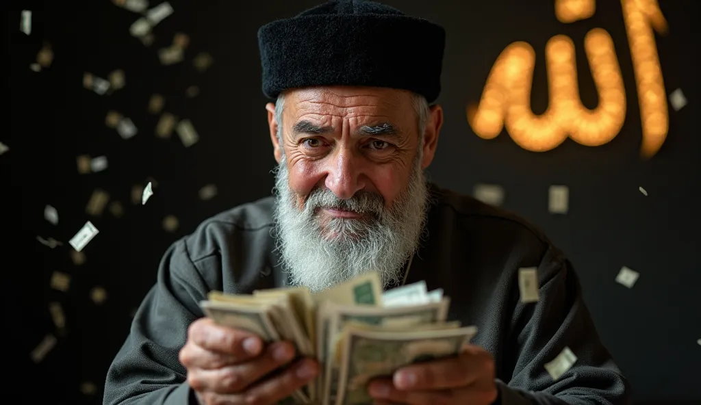 8k. 4k. A father with a wise and gentle expression, wearing a simple black cap (peci). He holds a large amount of money in his hands with a calm and dignified posture. The background is dark, with money scattered around, accompanied by soft, dramatic light...