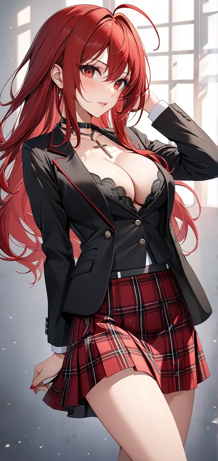 ultra high resolution, rich colors, Perfect image, Best quality,  detailed image, Beautiful woman Kurai Eijirou, red hair, Ahoge, red eyes, choker,  cross chain , cleavage, black blazer, black jacket, plaid skirt ,  long hair 