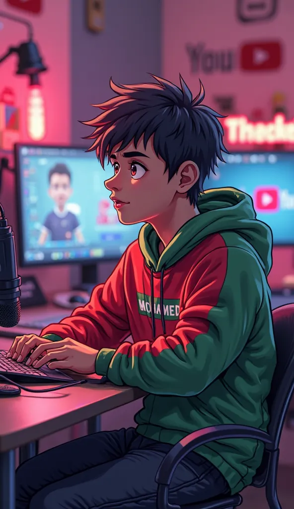 Create a vibrant and highly sexy anime boy with a smart look, He is sitting in front of a . wearing a red and green hoodie with the channel name "Mohamed Animation". Settings include a microphone and laptop on the desk. تتضمن الخلفية شعار YouTube كبير  on ...