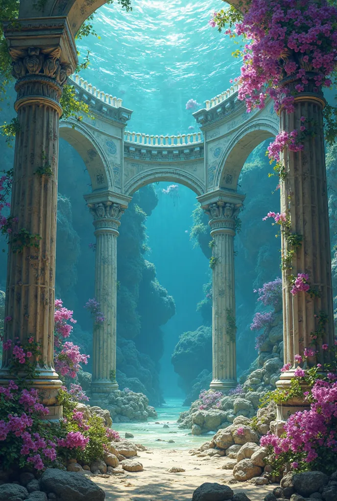 City of Atlantis with bougainvilleas and Greek columns