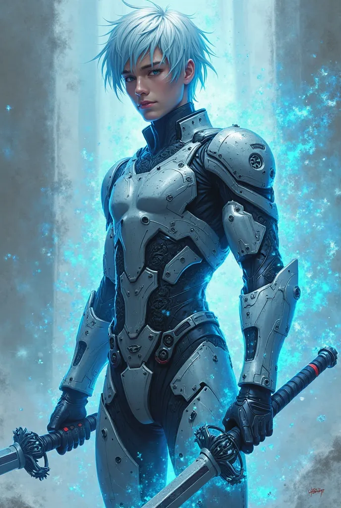 25-year-old man with light blue hair, with a skinny build has a technological suit and carries two medium-length swords. surrounded by a melignal aura