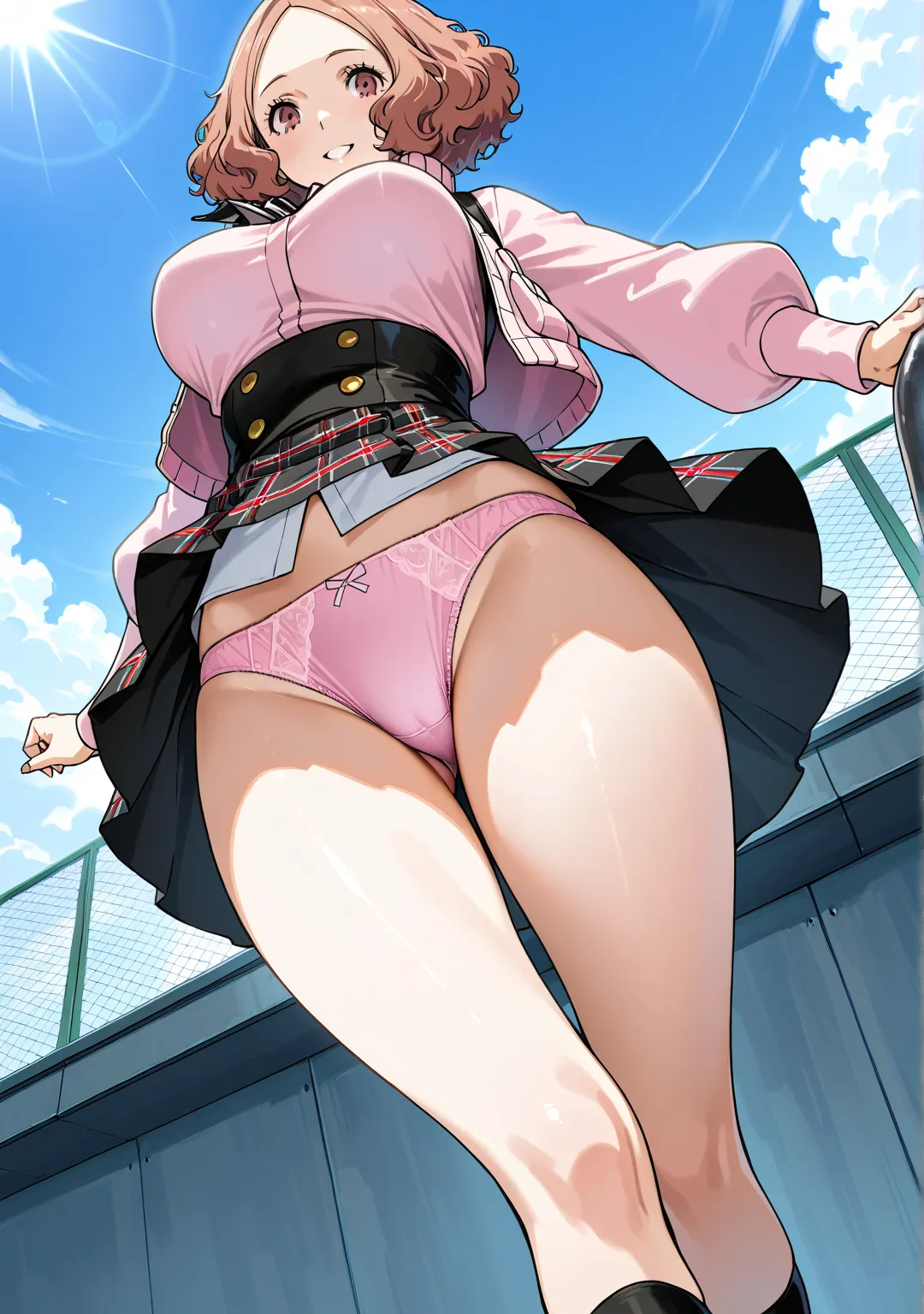  Ultra High Definition、 Beauty、ペルソナのOkumura Haru、Okumura Haru、 Persona 5、  Highest quality、 Smile、School、Schoolのrooftop、rooftop、field、big breasts、 wind blows、low angle、 Panchira、pink panties