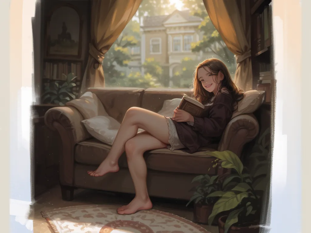 Girl on the couch with pillows, she has a cat in her arms, The cat is sitting in his arms, sunlight, high resolution,  Smile, Realistic anatomy, interior, детали interiorа, carpet, bookshelves, picture, Window at the back, trees outside the window, summer ...