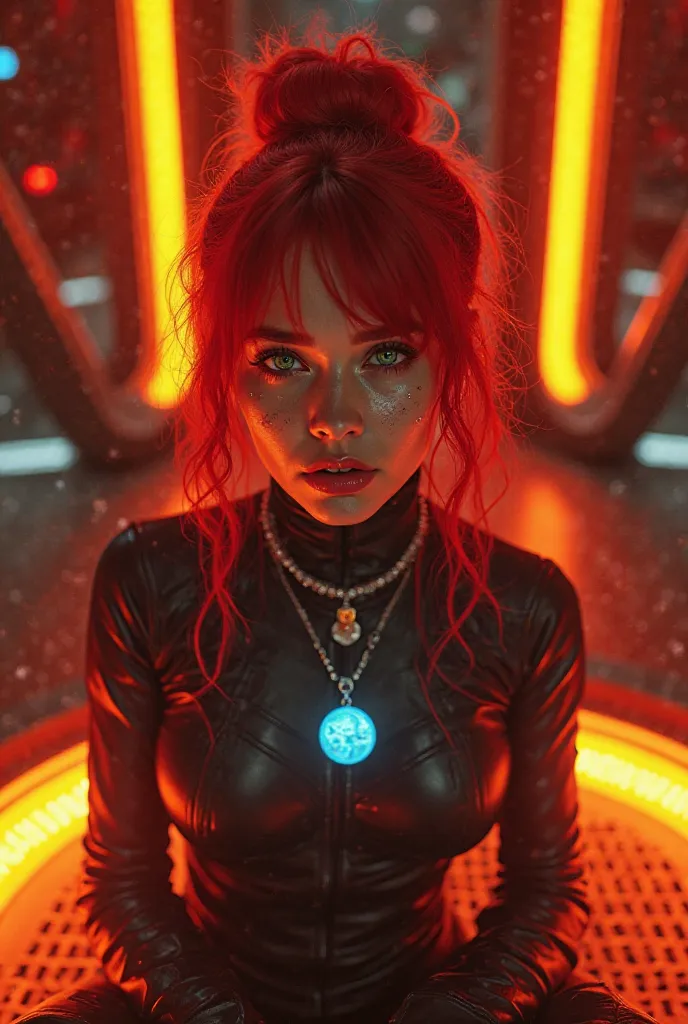  cinematic shooting . In the hold of a dark space pirate spaceship, a sunny circle shines on the floor, orange translucent energy grilles glow around the circle, inside which sits a red-haired girl with disheveled hair bound by tight glowing neon red light...