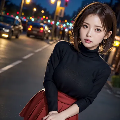 ((Short Ponytail)),1 girl, beautiful girl、Alone, High Resolution, 最high quality, high quality, textured skin, Ultra High Precision,((beautiful big brown eyes)), ((red hair)),((turtleneck sweater, black cardigan, red skirt)),
((Photograph from the waist up)...