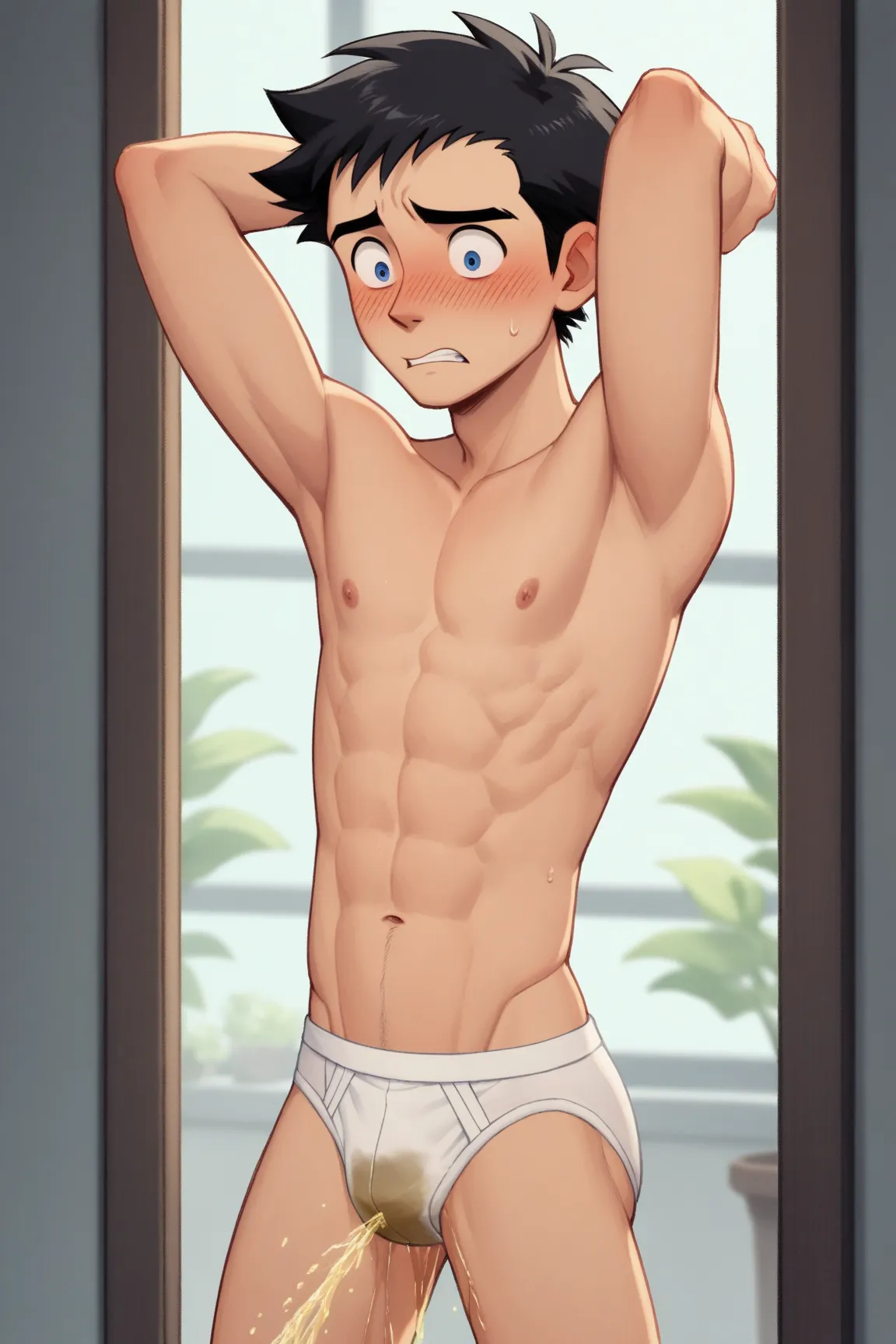 Solo, High Resolution, Masterpiece, shocked, embarrassed, Morning class room, 20 years old, young adult slender and mascular man in his white briefs. Black hair, Classic briefs.fly front Tighty whities, front open tighty whities, Six pack muscle, he is pan...