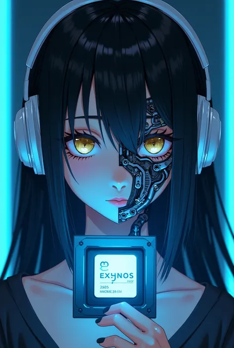 Create a 1080 2348 female anime character wallpaper with a robotic side of her face with white headphones and black hair holding an Exynos processor symbol and a dark blue amoled background 