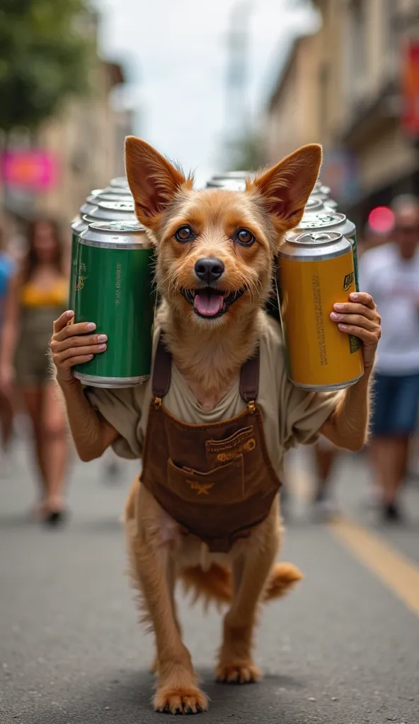 a typical Brazilian mixed-breed dog with caramel color and shaved fur, he is wearing an apron, he is on a busy street, he is selling cans of beer, you can see him carrying a very large cooler on his shoulders, people are going towards him to buy drinks, th...