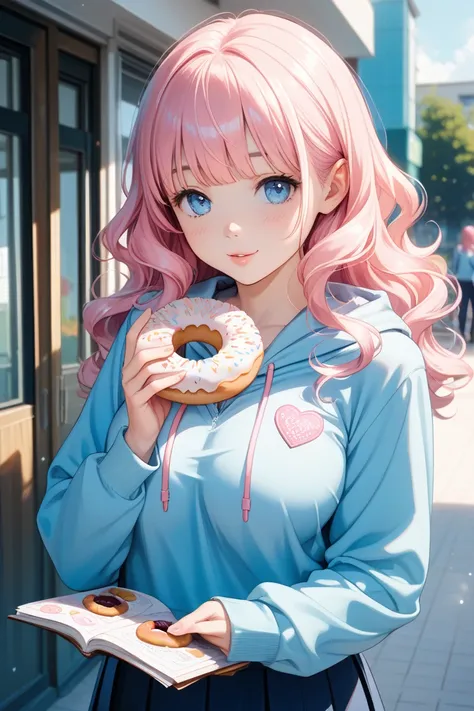 blue hanging eye,pink hair,long wavy hair,Big Breasts, gal,female high school students,hoodie over school uniform, has bangs,donut