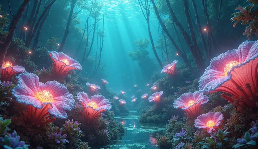 Underwater Flower Forest – A surreal underwater garden where coral-like flowers bloom in glowing shades of pink, blue, and green.