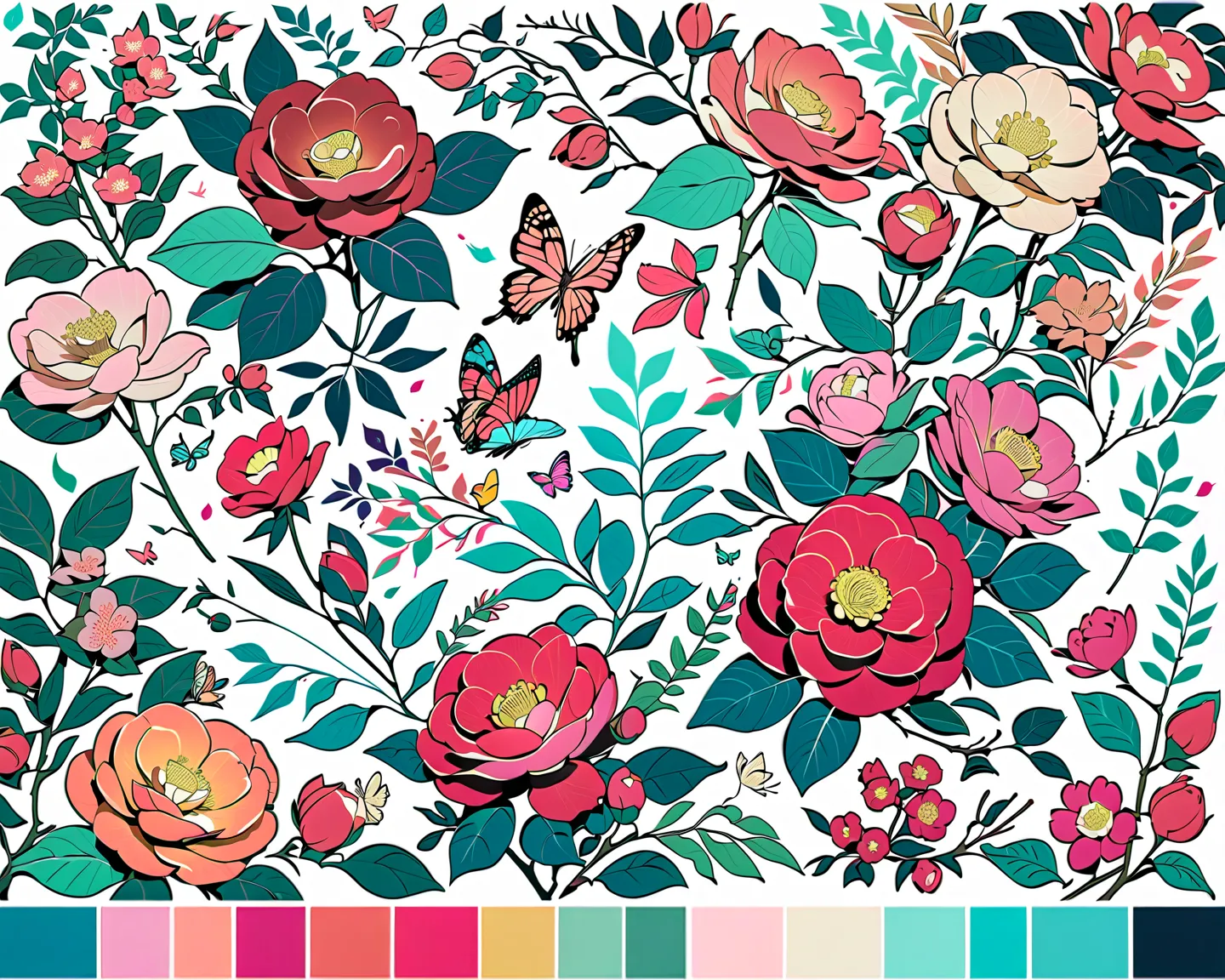 Slight vintage color,planar,,RISO print style,illustration,adolable,Leave white space,low-saturation,Lots of flowers，Individually arranged，leafs，branches，Printing， a sticker，Random distribution，Lovely drawing style， Color guide，Graphic design，Carpet patter...