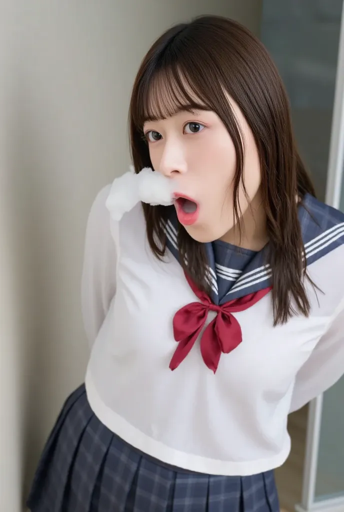 high resolution photo of a young Japanese woman, 8k, masterpiece, Highest quality, detailed description, Photorealistic, intricate details,  natural light, 1 girl, straight long hair with bangs,  school uniform、check miniskirt, (open your mouth, white seme...