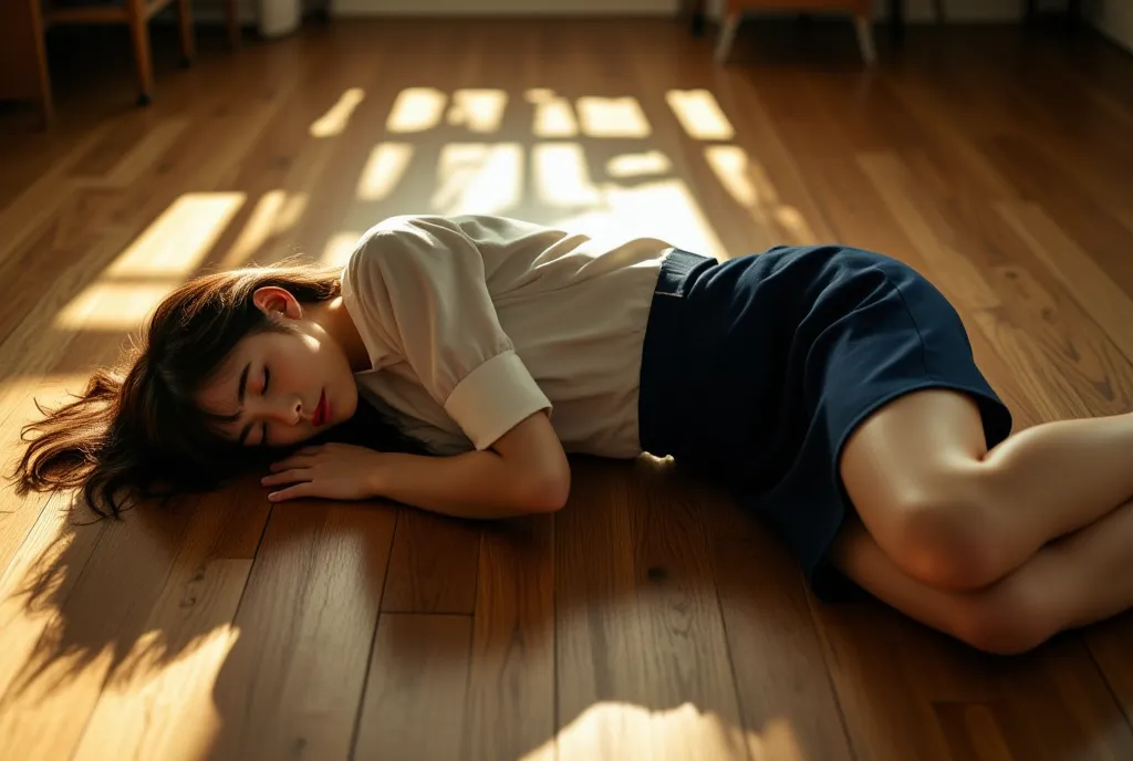 Sexy beautiful Japanese woman, a self defense officer uniform, wearing a white short-sleeves shirts, navy blue tie, navy blue pencil skirt, Black patent high heels, beautiful hip-line, Beautiful thighs, beautiful legs, The woman is exhausted and asleep on ...