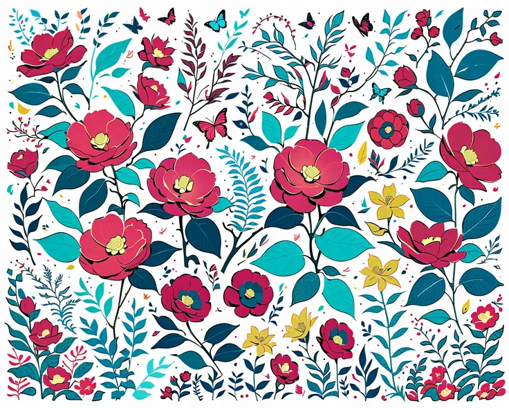 Slight vintage color,planar,,RISO print style,illustration,adolable,Leave white space,low-saturation,Lots of flowers，Individually arranged，leafs，branches，Printing， a sticker，Random distribution，Lovely drawing style， Color guide，Graphic design，Carpet patter...