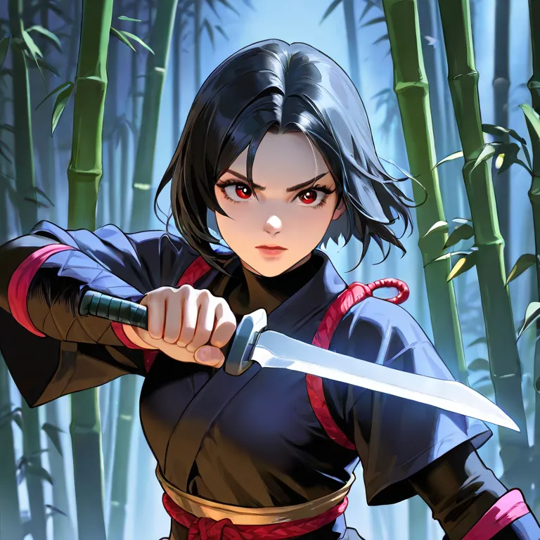 Anime HD, Taimaninアサギ, a female ninja, Ninja girl, Ninja clothing, handheld dagger, black short hair,Dissemination, 都市night背景, Fighting Stance, night, bamboo background, Rich details,  anime characters,  character in the middle of the hairstyle, Complete c...