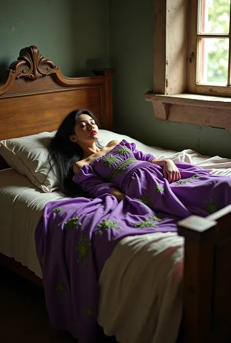 Draw a wooden bed in the middle of an old room where a beautiful woman sleeps with black hair and purple clothes decorated with green while she falls into a deep sleep