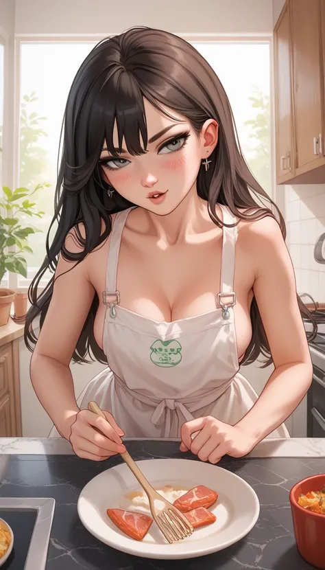 "An anime-style black-haired girl with semi-long hair, wearing a white one-piece dress, stirs beef in a pot with a wooden spatula. Steam rises as the meat sizzles, releasing a delicious aroma. She looks delighted, enjoying the cooking process. The backgrou...