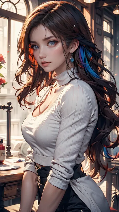 woman, big breasts,  redhead,  blue eyes, see-through high neck sweater, Small chin、24歳の白人woman、long lashes、eyeshadow、lip gloss、 Rainbow （rainbow）Hair Color、 blue eyes、foggy skin
